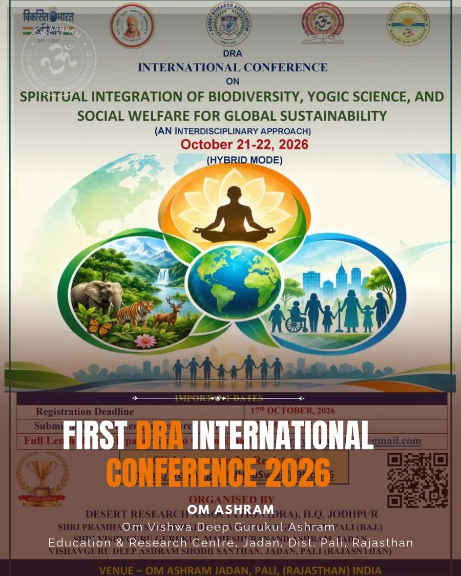 DRA International Conference official poster on Spiritual Integration of Biodiversity, Yogic Science, and Social Welfare for Global Sustainability at Om Ashram, Jadan.